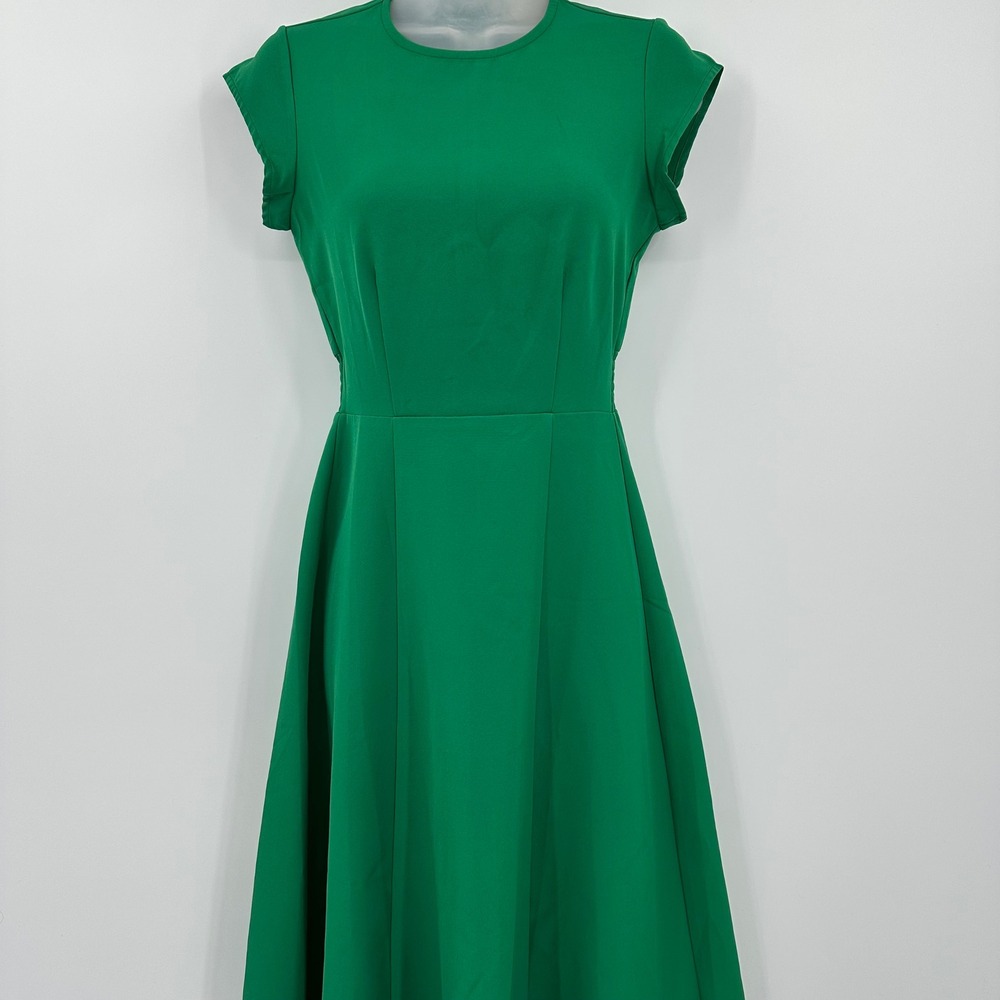 Bohme Elegant Green Cap Sleeve‎ Midi Dress Smocked Waist A-Line Flared Skirt